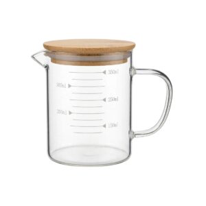 Recipiente medidor de vidrio transparente de 350 ml con tapa de bambú, asa lateral y marcas de medición.
