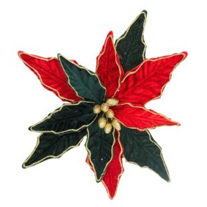 Flor Navideña Combinada de 30 cm con pétalos rojos y verdes, borde dorado y centro decorativo. Adorno ideal para árboles y arreglos navideños.