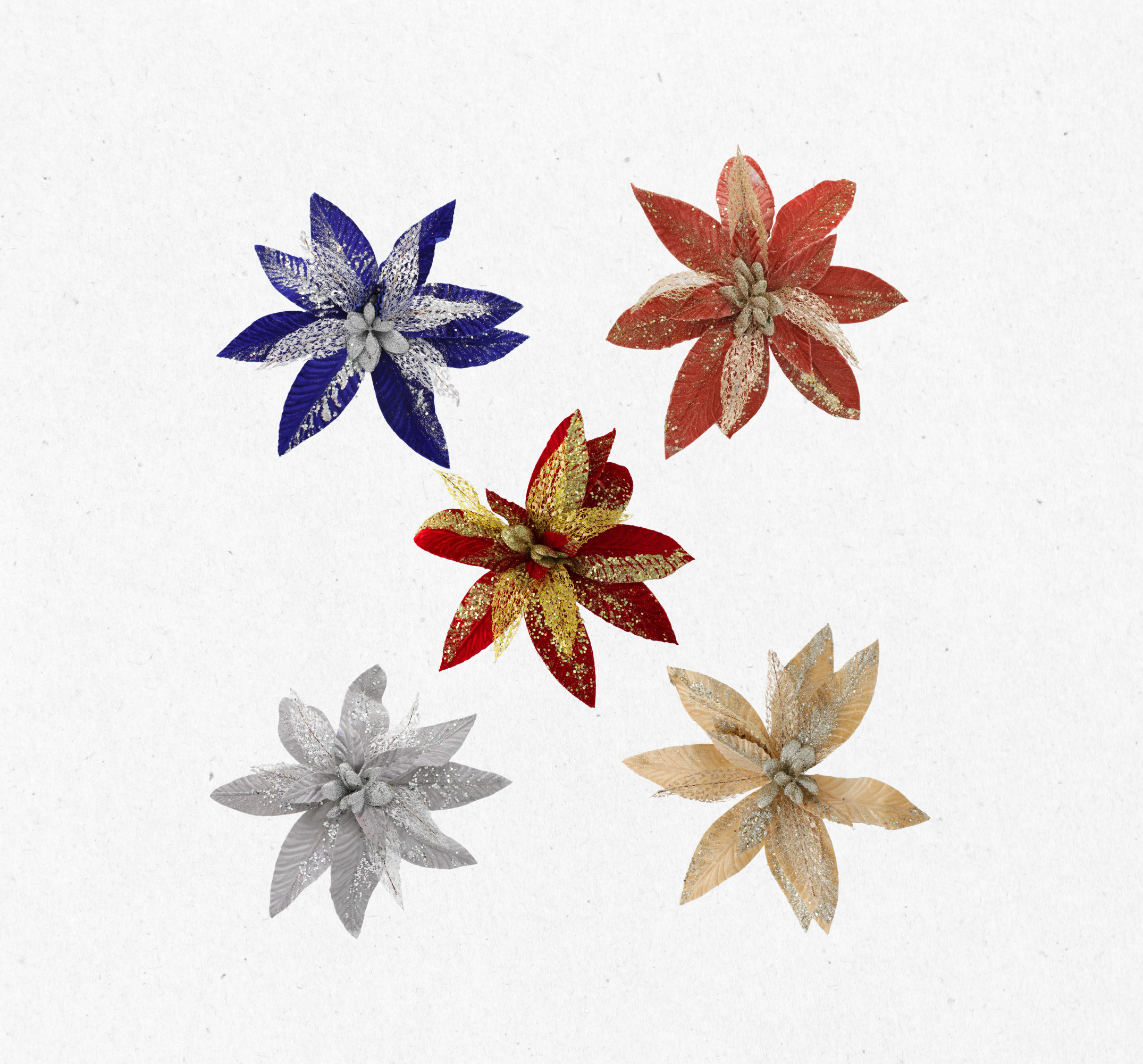 Flores navideñas decorativas de 40cm en colores surtidos con brillo, ideales para árboles y decoraciones de Navidad.