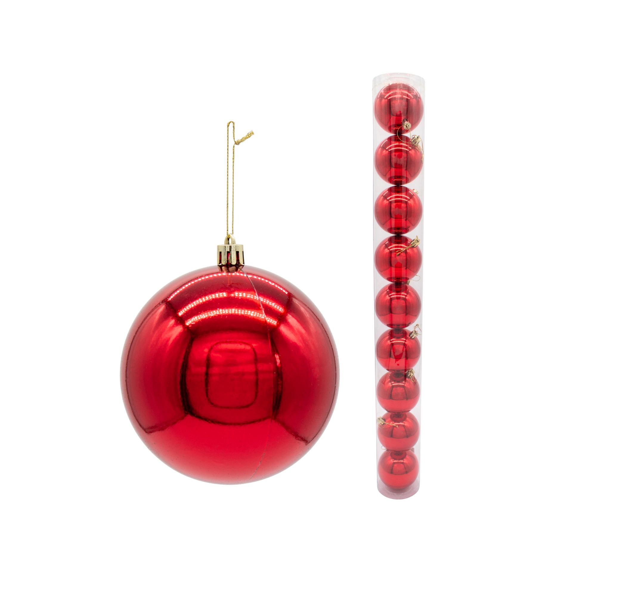 Bolas Navideñas de 10cm x 9 unidades. Esferas grandes con acabado brillante para decoración navideña elegante y vistosa.