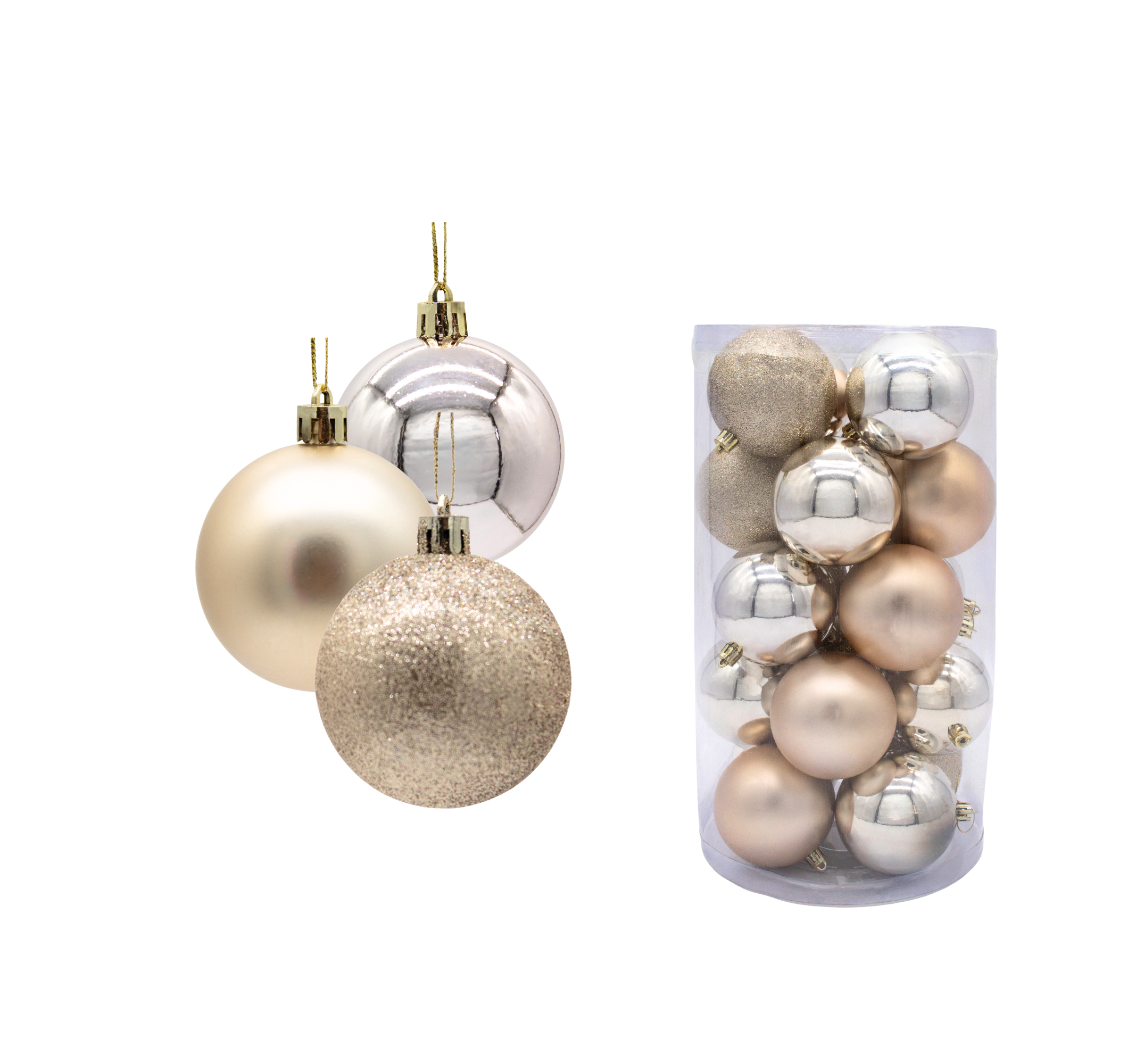 Bolas Navideñas Brillante–Mate–Mirella de 8cm x 20 unidades. Acabado variado con brillo, mate y escarcha para una decoración navideña elegante.