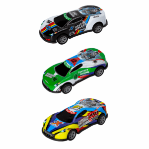 colección de 3 carros deportivos de juguete die-cast con diseños de carreras