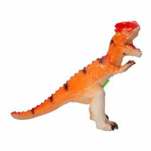 Imagen de dinosaurio con sonido en colores naranjas y rojos, con botón incorporado y diseño detallado.