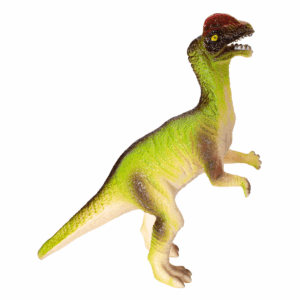 Dinosaurio relleno, de colores verde y crema con detalles realistas.