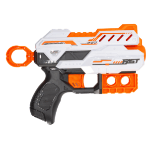 Pistola de dardos manual en colores blanco, naranja y negro con 6 dardos incluidos