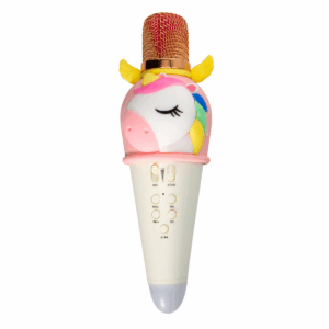 Micrófono infantil con diseño de unicornio para karaoke y juegos musicales.
