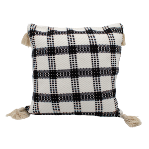 Forro de cojín 43 cm x 43 cm con diseño a cuadros y borlas decorativas en las esquinas