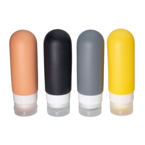 Kit viajero de 4 botellitas rellenables de 90ml en colores variados para transportar líquidos personales