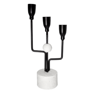 Candelabro decorativo de 26 cm con tres porta velas negros y base blanca de diseño moderno.