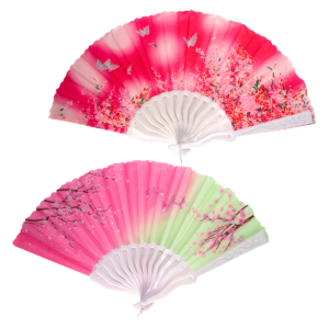 Abanico plegable de 23 cm con diseño floral y varillas blancas.