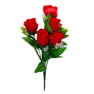 Ramo decorativo de flores sintéticas tipo rosa con hojas verdes y varios tallos para decoración.
