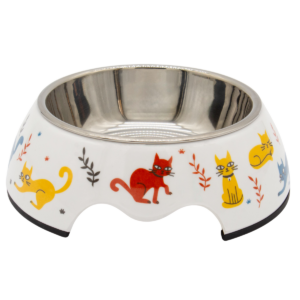 Comedero de 11.3 cm con interior metálico y exterior decorado con ilustraciones en varios diseños