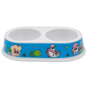 Plato doble para mascotas con diseños coloridos y dos compartimentos sobre fondo blanco