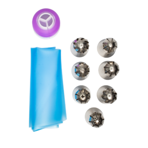 Kit de manga pastelera azul con acoplador y varias boquillas metálicas de decoración