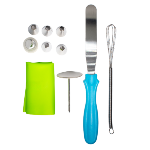 Kit de manga pastelera verde con boquillas, espátula metálica, clavo para flores y batidor pequeño