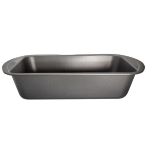 Molde rectangular de metal con recubrimiento antiadherente de 22.3 cm visto desde arriba y de perfil