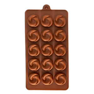 Molde de silicona marrón con cavidades en forma de espiral para hacer hielo, chocolate o figuras de repostería.