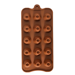 Molde de silicona marrón con cavidades en forma de volcán para hacer hielo, chocolate o figuras de repostería.
