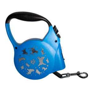 Cuatro correas retráctiles para perros en colores rojo, amarillo, azul y verde con mangos negros y diseño de siluetas de animales laterales.