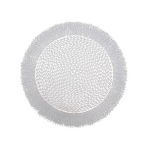 Individual decorativo redondo para comedor de 38 cm con tejido central y borde tipo flecos.