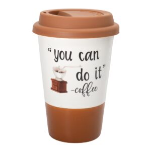 Vaso para café de 400 ml en cerámica con tapa y base de silicona en diferentes colores con frases impresas