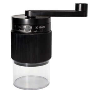 Molino manual de café ajustable con hasta 30 clics de molienda y recipiente transparente.