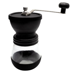 Molino manual de café de cerámica de 16 cm con recipiente de almacenamiento en color negro.