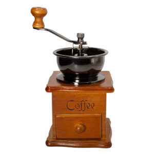 Molino de café vintage de madera con manivela manual y cajón inferior para café molido