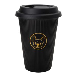 Vasos para café de 400 ml con tapa en colores blanco y negro con diseño acanalado y figuras decorativas de gato y perro