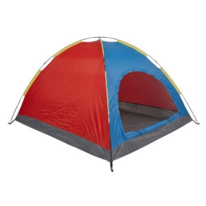 Carpa de camping para 6 personas en colores rojo y azul, con abertura frontal y medidas de 200 x 250 x 150 cm.