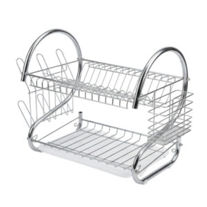 Escurridor de platos metálico de 40 cm con dos niveles y espacios para organizar vajilla y utensilios.
