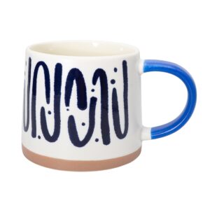 Pocillo jumbo de 450 ml con diseño gráfico azul y negro y asa lateral