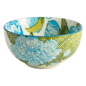 Taza decorada verde y azul de 5x5 con diseño colorido