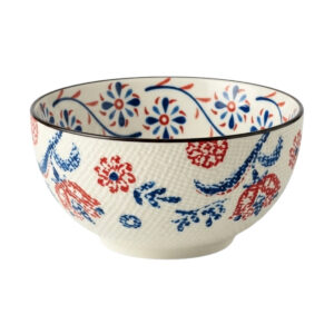 Taza decorada mándala de 5x5 en azul, rojo y blanco