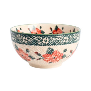 Taza decorada de 5x5 con flores rojas y detalles verdes y azules