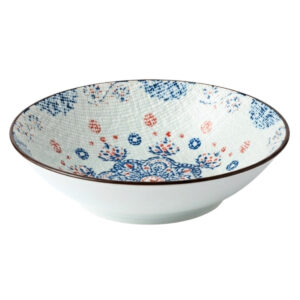 Plato hondo de 20x5 cm con diseño de mándala en tonos azul, rojo y blanco