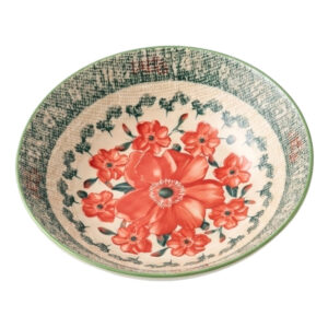 Plato hondo de 20 x 5 cm con diseño floral de flores rojas y detalles decorativos.