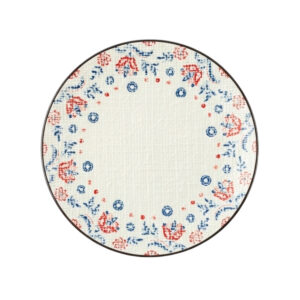 Plato pando de 21 cm con diseño mándala en tonos azul y rojo.