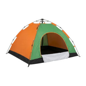 Carpa de camping para 3 personas en colores verde y naranja, con abertura frontal y medidas de 200 x 150 x 125 cm.