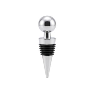 Tapón para botella de vino con cuerpo cónico, anillos flexibles negros y cabezal esférico plateado pulido